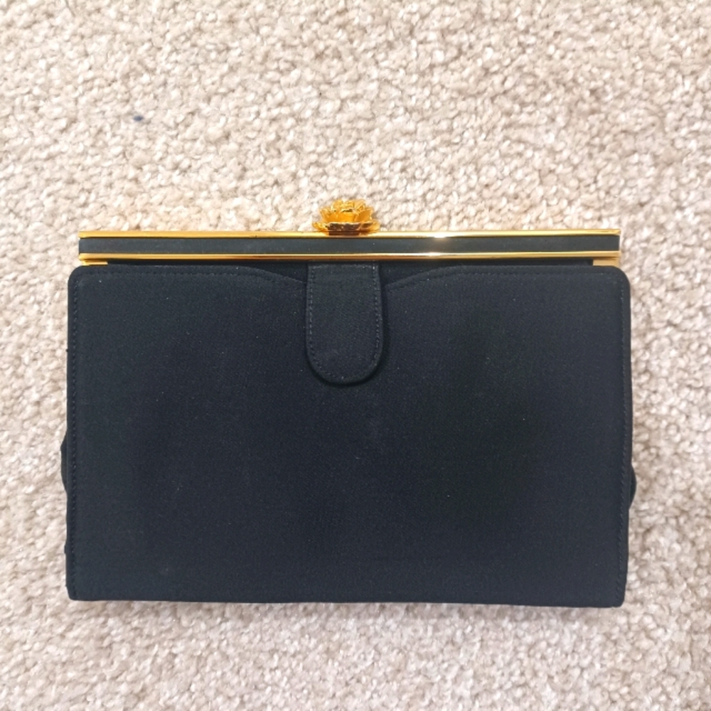 Vintage Bienen-Davis Black Cocktail Clutch Wallet Satin Lining Gold Rose Clasp